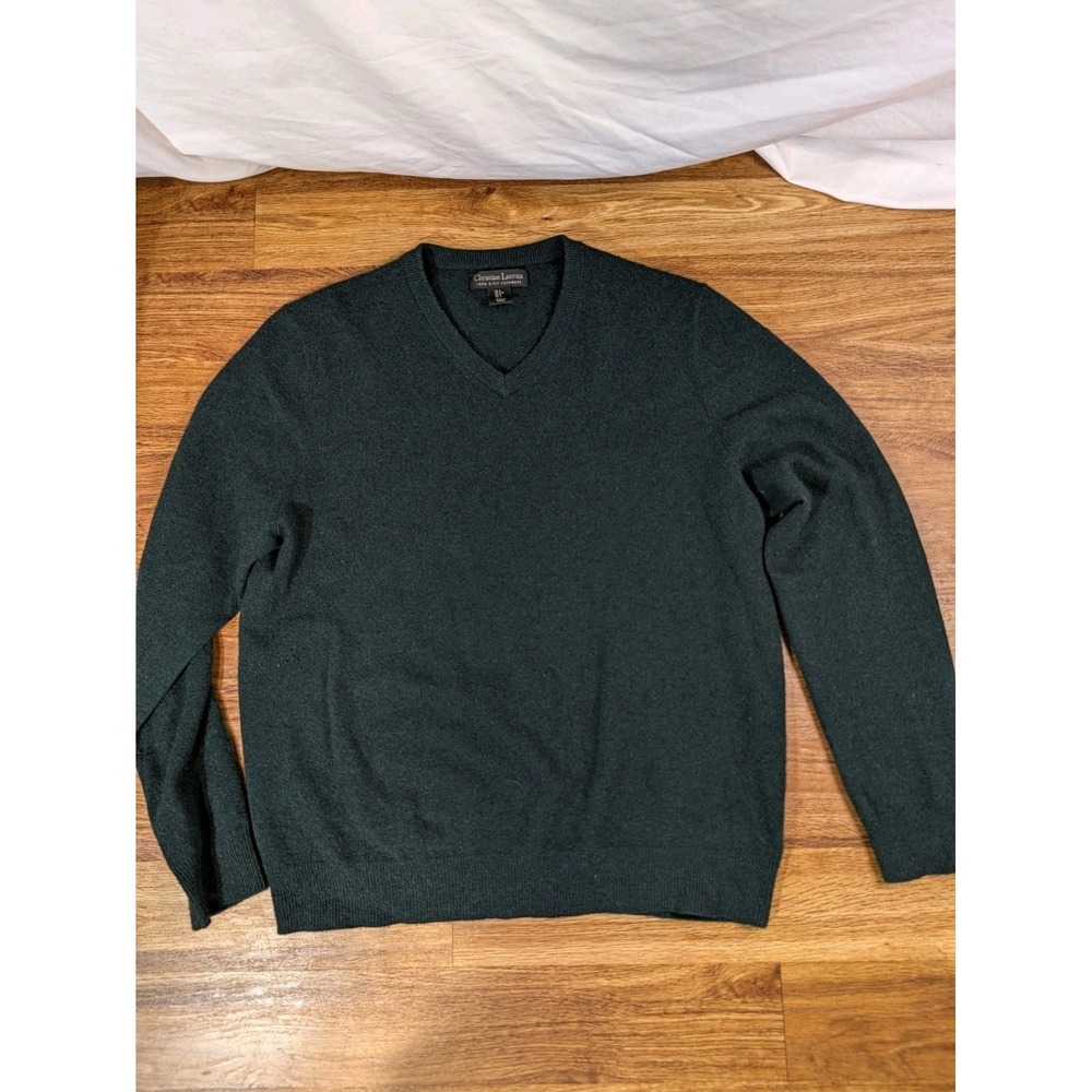 Christian Lacroix 100% 2 Ply Cashmere Mens V Neck Hunter Green Sweater Large
